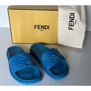 NIB $460 Fendi Men's FF Rubber Slide Sandals Cyber Blue 13 US/12 UK Italy 7X1377
